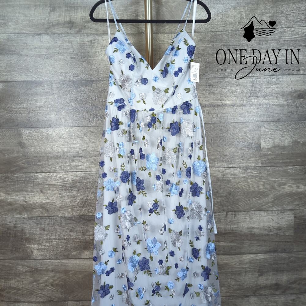 David's Bridal Floral Embroidered Mesh Maxi Dress Mystic Blue NWT Size 8